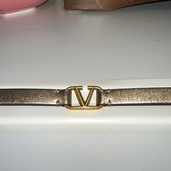 Valentino Garavani Jewelry - Valentino Gold Logo “V” bracelet w Bronze Leather Strap.